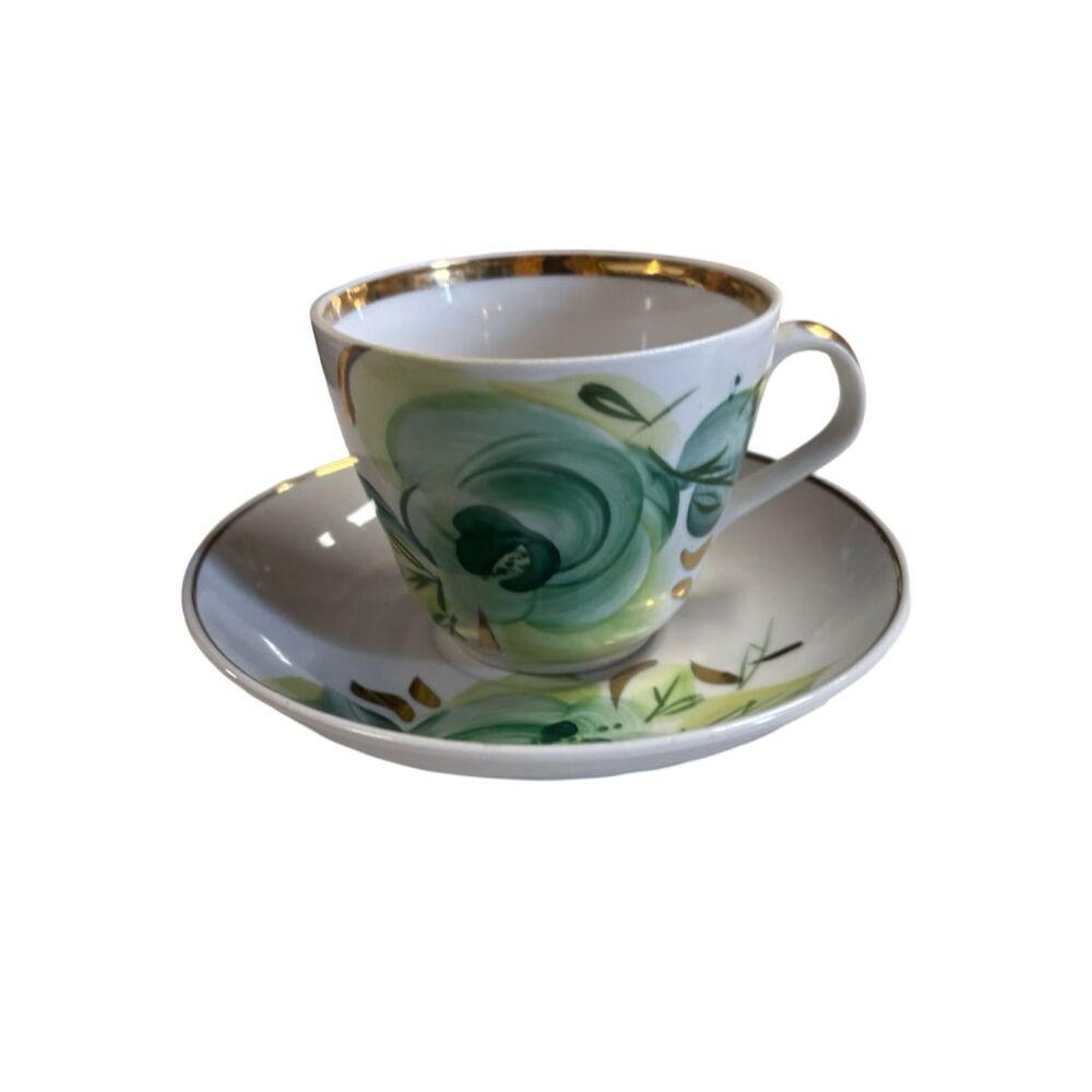 Ukrainian Tarnopol Porcelain Factory White Floral Matching Teacup & Saucer Set